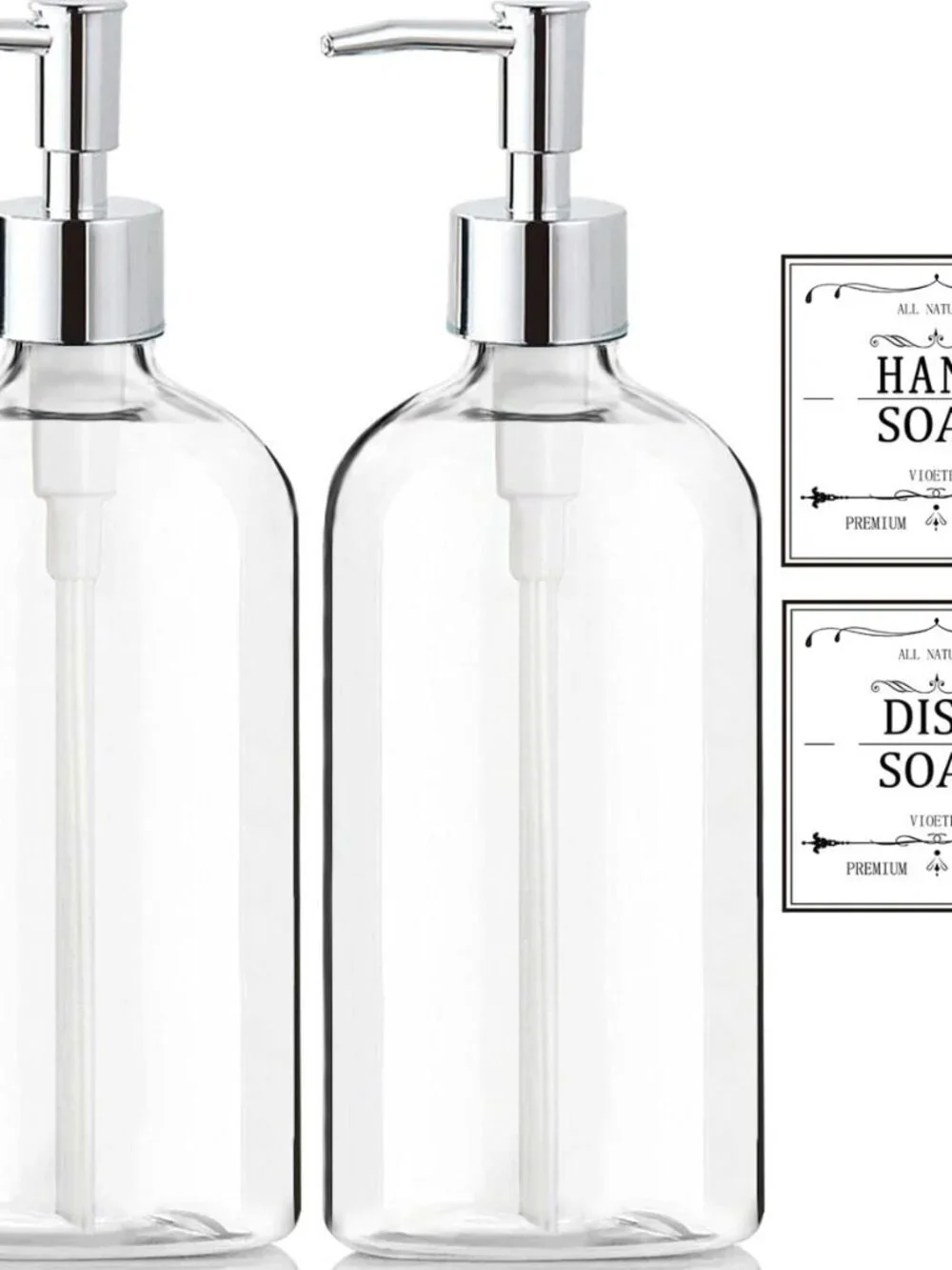 Clear Soap Dispenser with Rust Proof Pump, Waterproof Labels (2 Pack,16 Oz), Pla